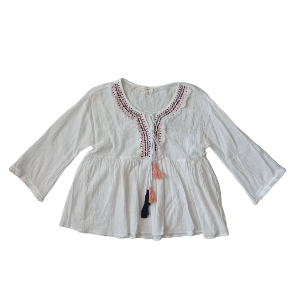 Hailey & Co. White Embroidered Tie Front Tassels V-Neck Peasant Blouse Medium